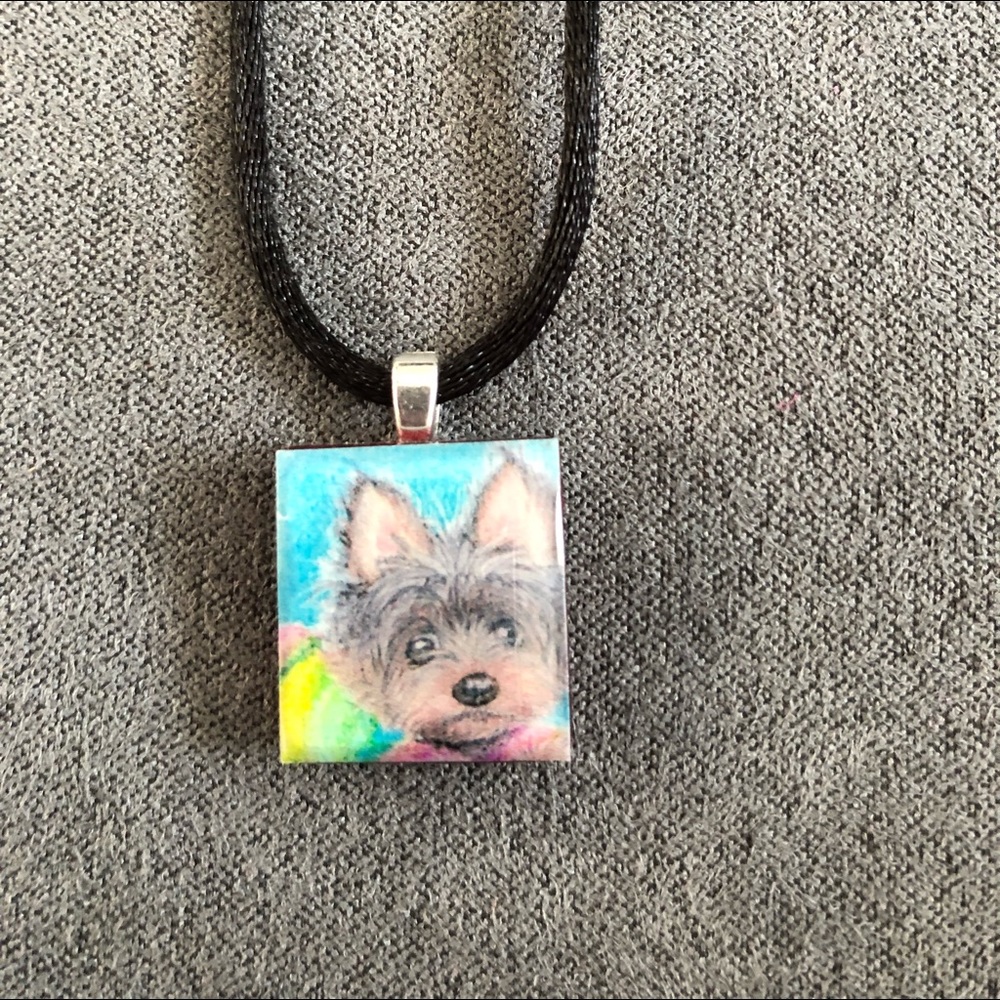 Retro hand-painted Yorkie necklace.